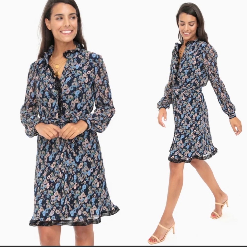 NWT Tory Burch Deneuve Floral Ruffle-Neck Long-Sleeve Plisse Dress Size 6 $398